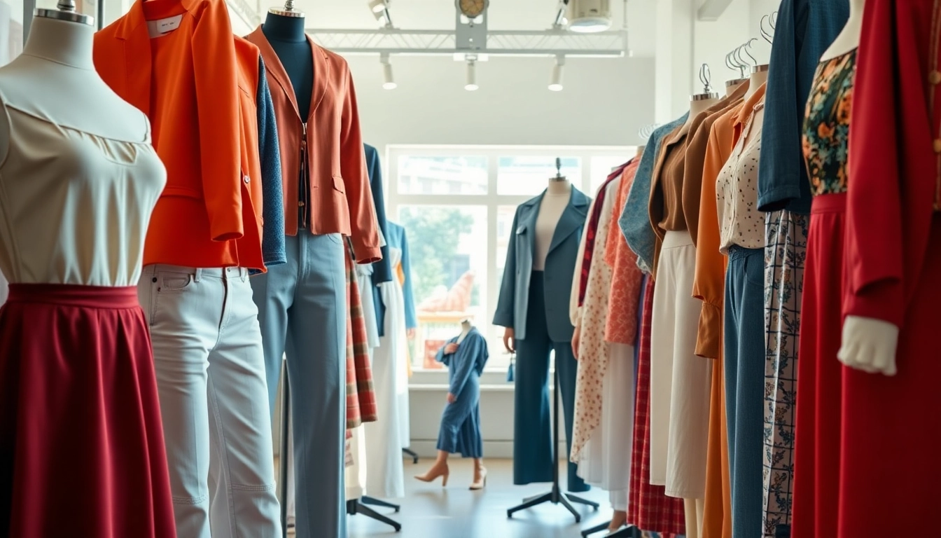 Fashion outfits displayed beautifully in a boutique setting, showcasing diverse styles and textures.