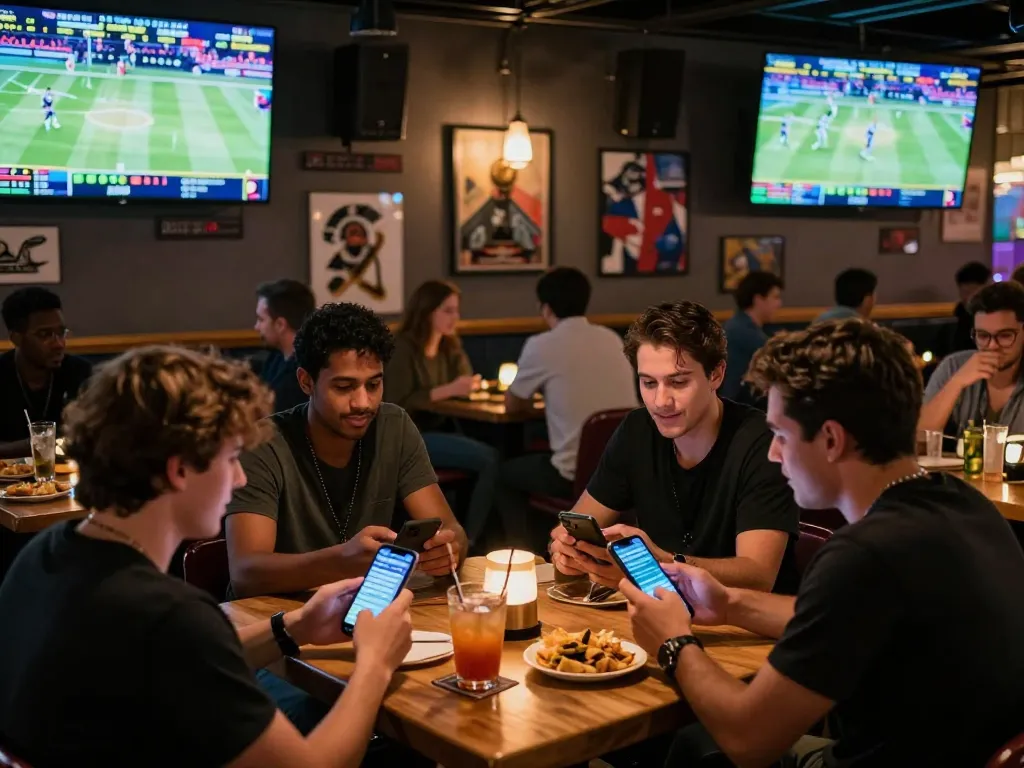 Patrons actively placing sports bets using fb88 app in a lively bar setting