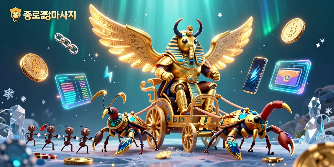 Engage with 종로출장마사지 in this vibrant 3D scene featuring a colossal scarab, scorpions, and poker chips.