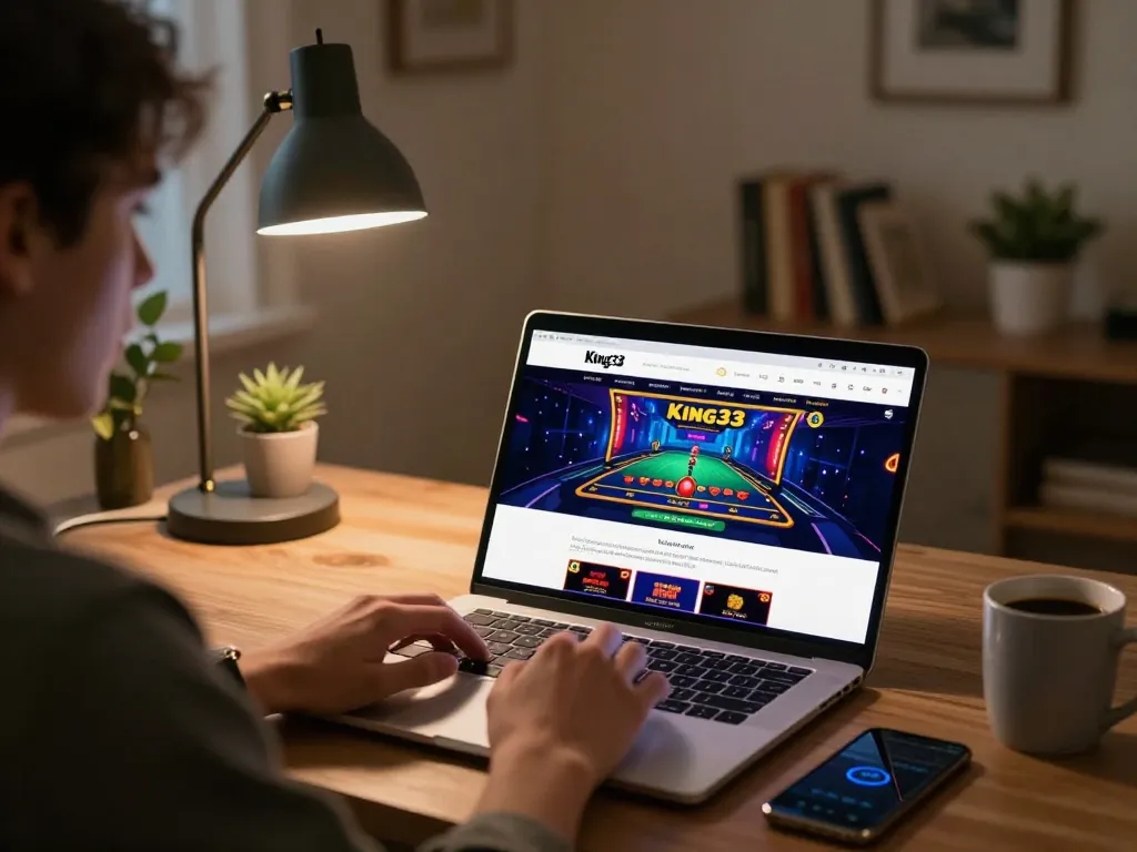 Player engaging with King33 online casino interface, focused on gameplay with warm lighting and cozy atmosphere