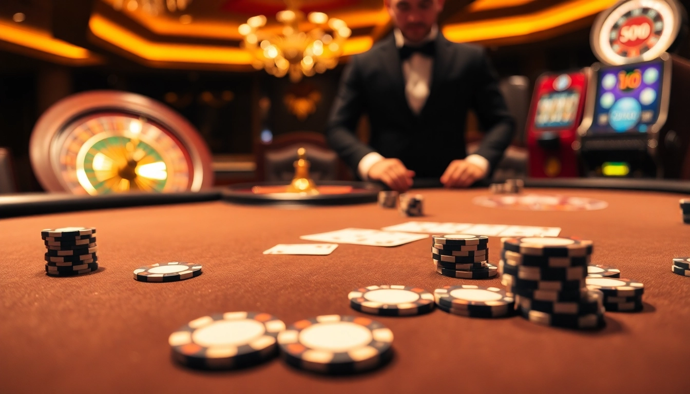 Participer à un jeu palpitant à une table de casino en ligne de luxe avec des jetons de poker colorés.