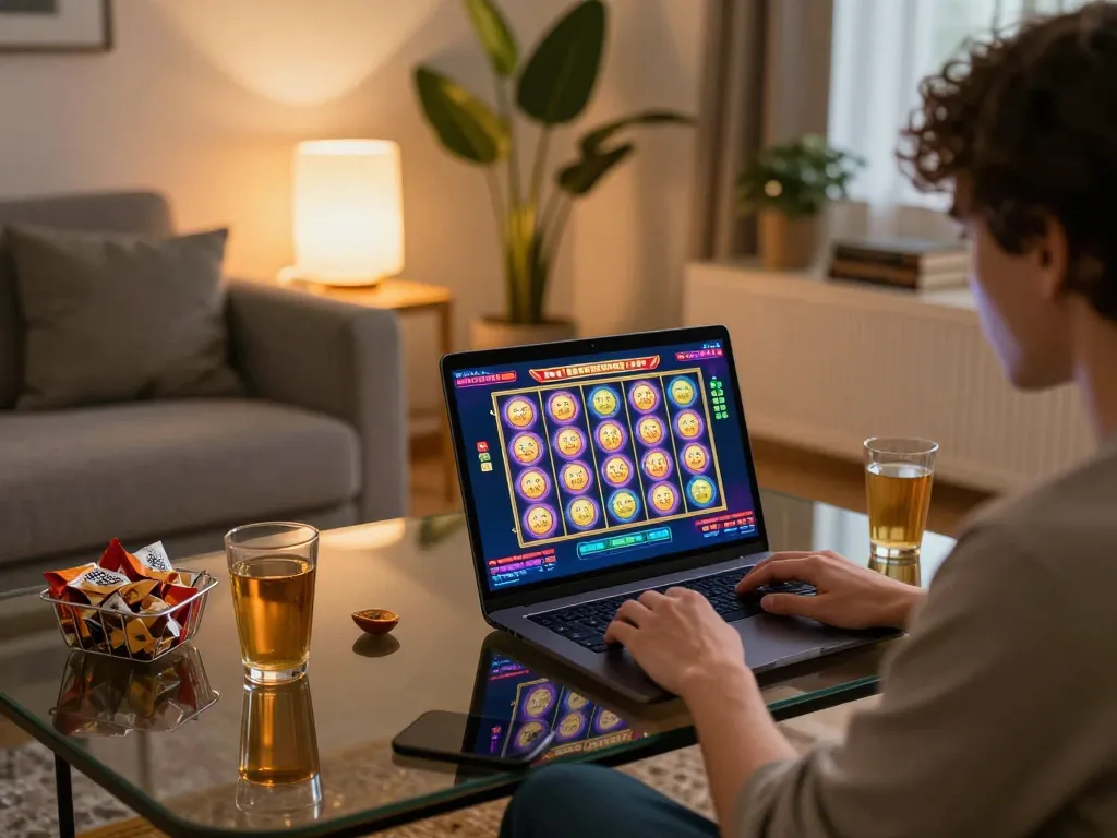 Playing 123b slots on a laptop at home, surrounded by snacks and warm lighting