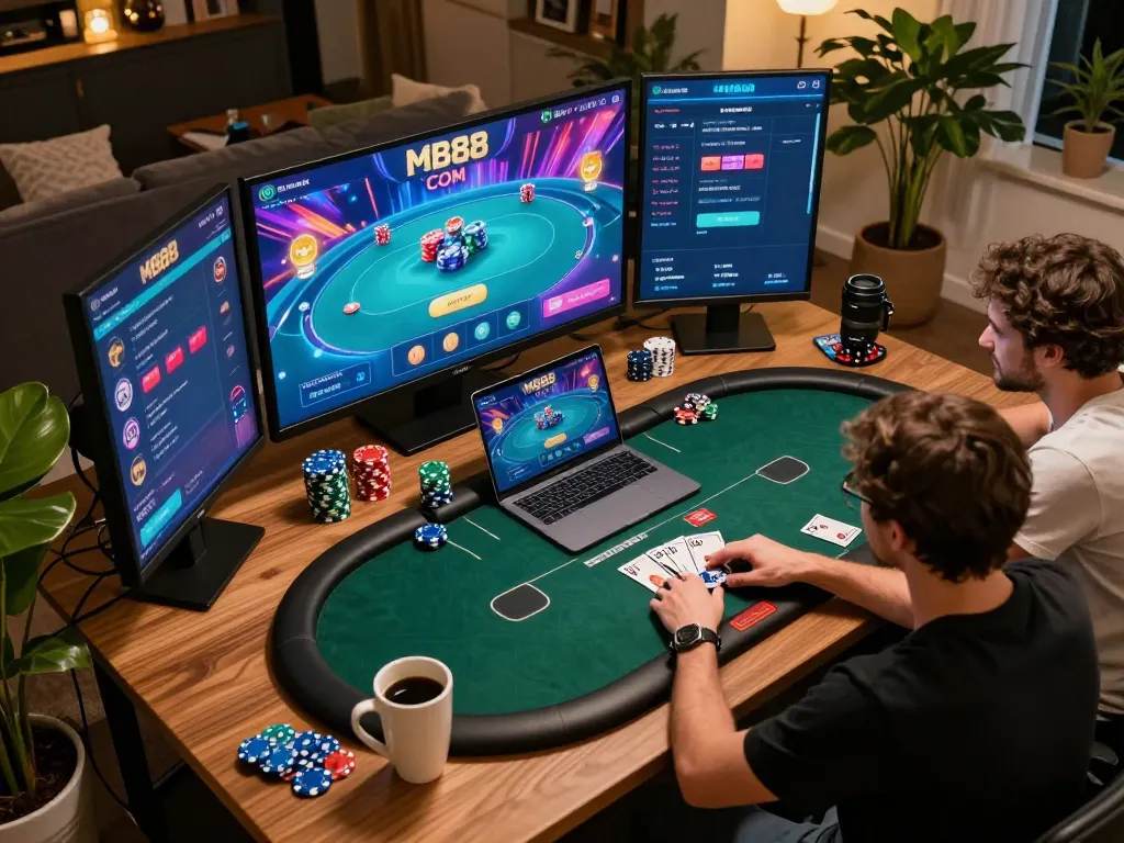 Engaging player using MB88 COM for online poker with vibrant graphics and strategy notes.