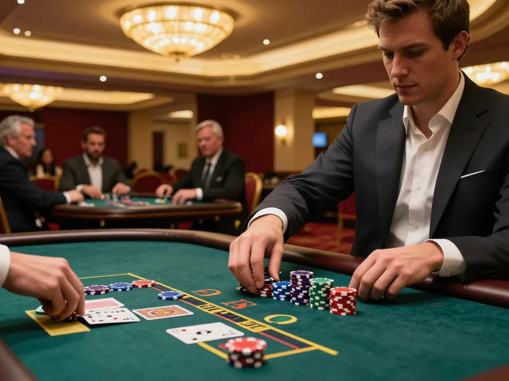 Engaging scene of a player in a slot gacor game, focused on placing high-value chips at a blackjack table