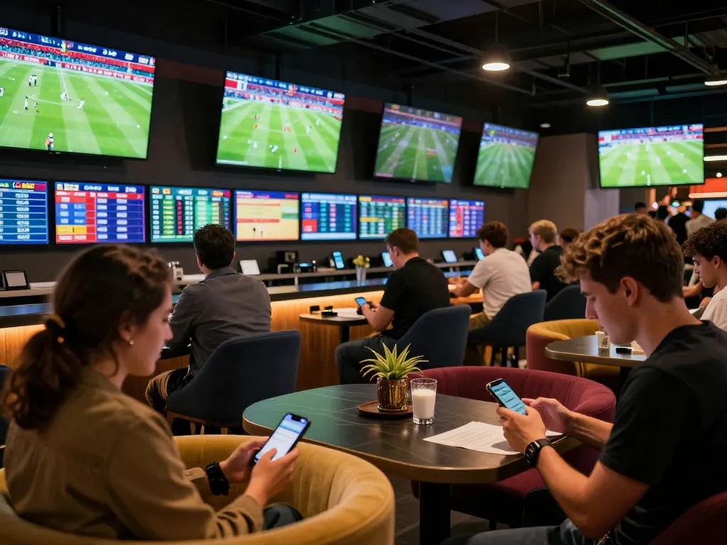 Fans engaging in trang cá cược bóng đá at an exciting sports betting lounge with screens showing live matches.