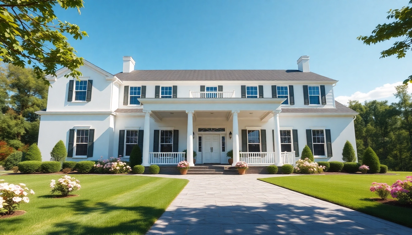 Colonial home new build construction with elegant columns and inviting front porch set in a lush garden.