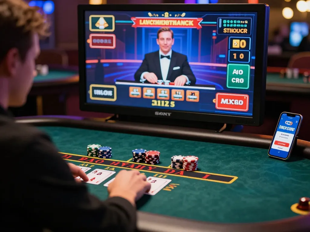 Engaging baccarat site scene featuring player at live dealer table, showcasing the excitement of online baccarat gaming.