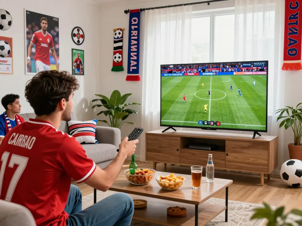 Excited sports fan watching Cakhiatv live football match at home, surrounded by memorabilia and snacks.