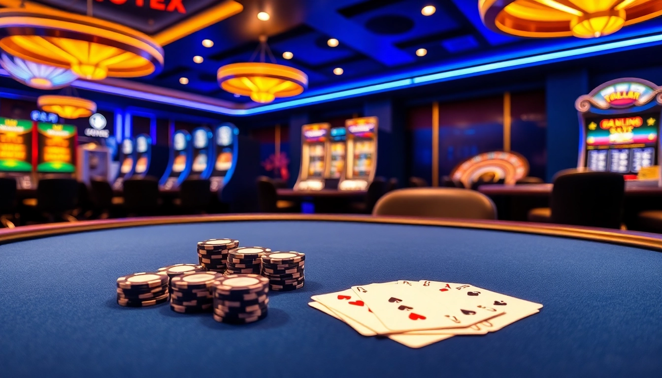 Exciting gaming experience at 8qbet with vibrant poker chips and slot machines.