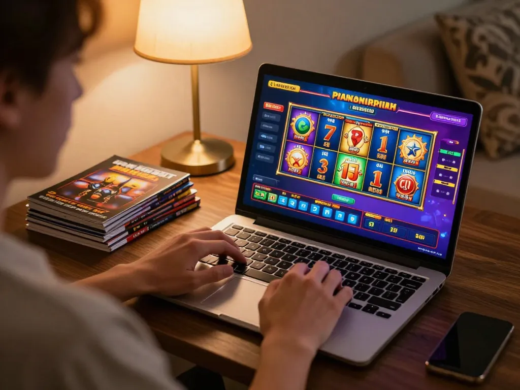 Experience playing with an akun demo on a laptop at home, showcasing lively slot games in a casual setting.
