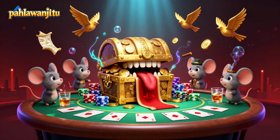 Pahlawanjitu ignites excitement with a vibrant 3D treasure chest scene filled with gambling elements.