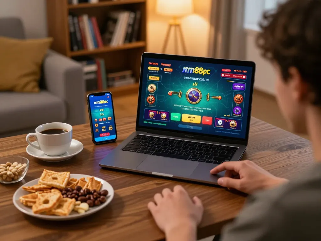 Engaging in live dealer games on mm88pc in a cozy home setting, showcasing a strategic online gaming experience.