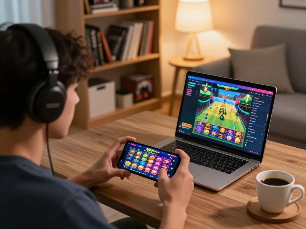 Engaged player enjoying 388bet mobile slots in a cozy home gaming setup, demonstrating responsible entertainment.