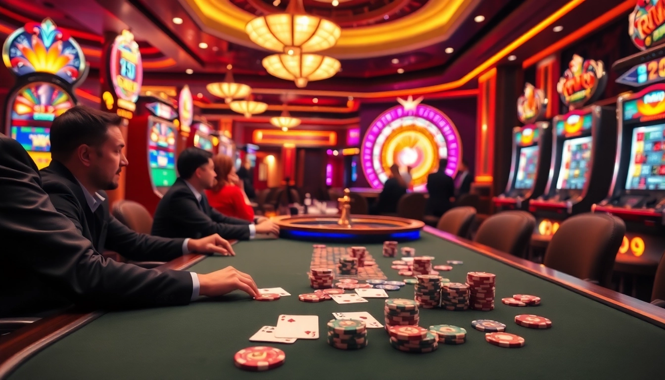 Engaging in a high-stakes poker game at RR99 com casino, surrounded by vibrant slot machines.