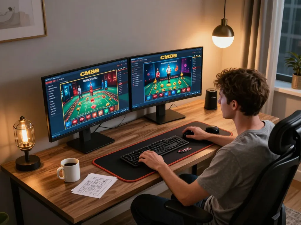 Engaging with CM88's online casino interface while enjoying a cozy home gaming experience.