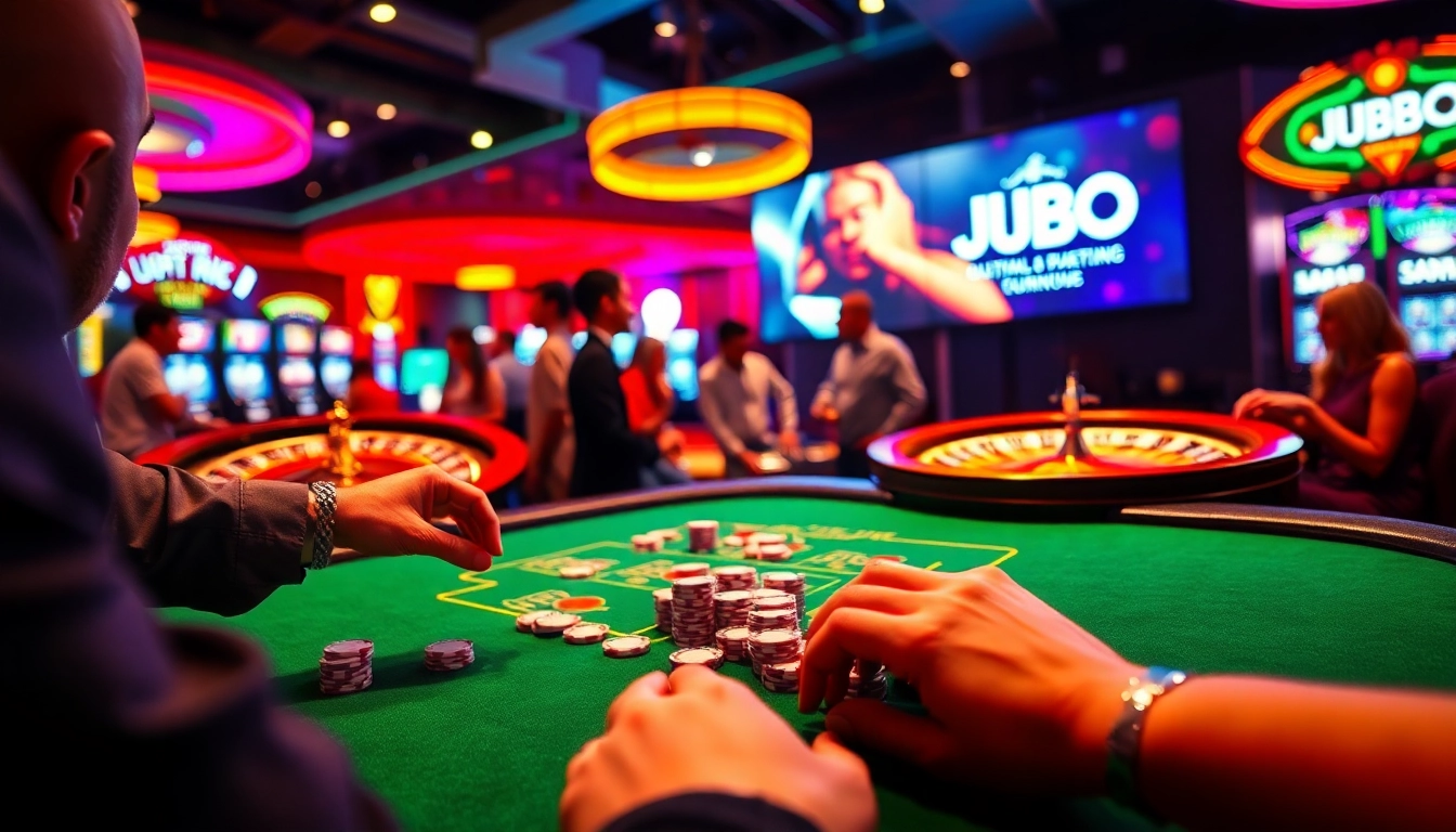 Experience the excitement of JBO at a vibrant casino table with players cheering and chips flying during thrilling games.
