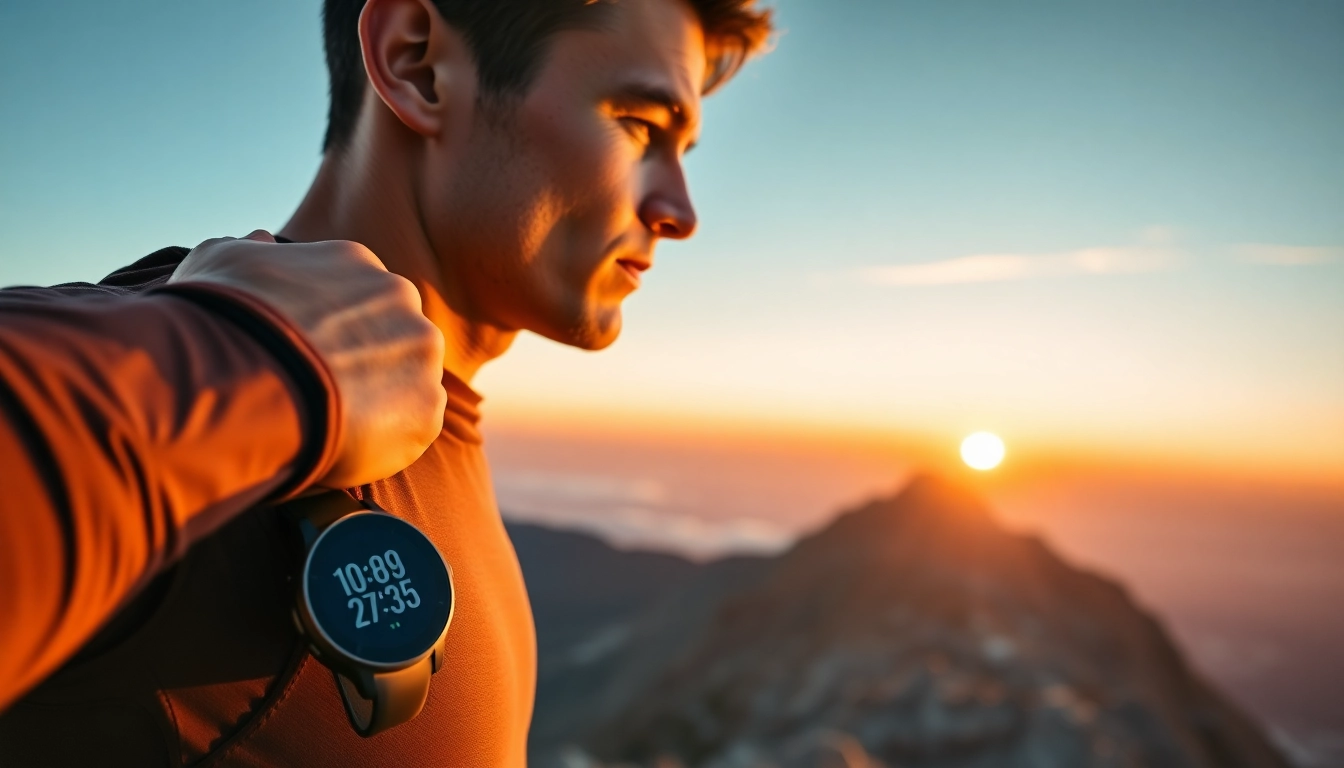 Coros smartwatch worn by an athlete on a mountain peak, showcasing fitness metrics.