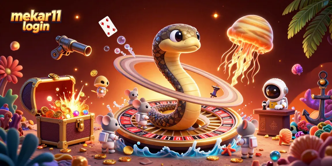 Mekar11 login showcases gambling excitement with astronaut mice betting on a cosmic roulette.