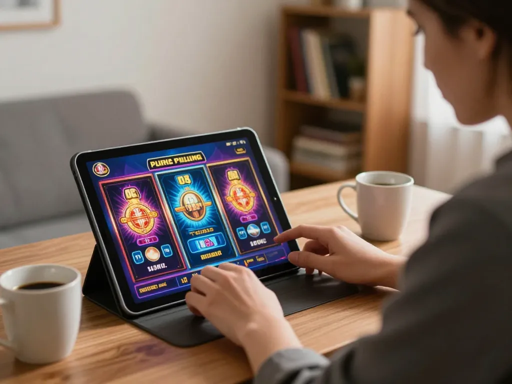 Person playing 32win slot games on a tablet in a cozy home setting