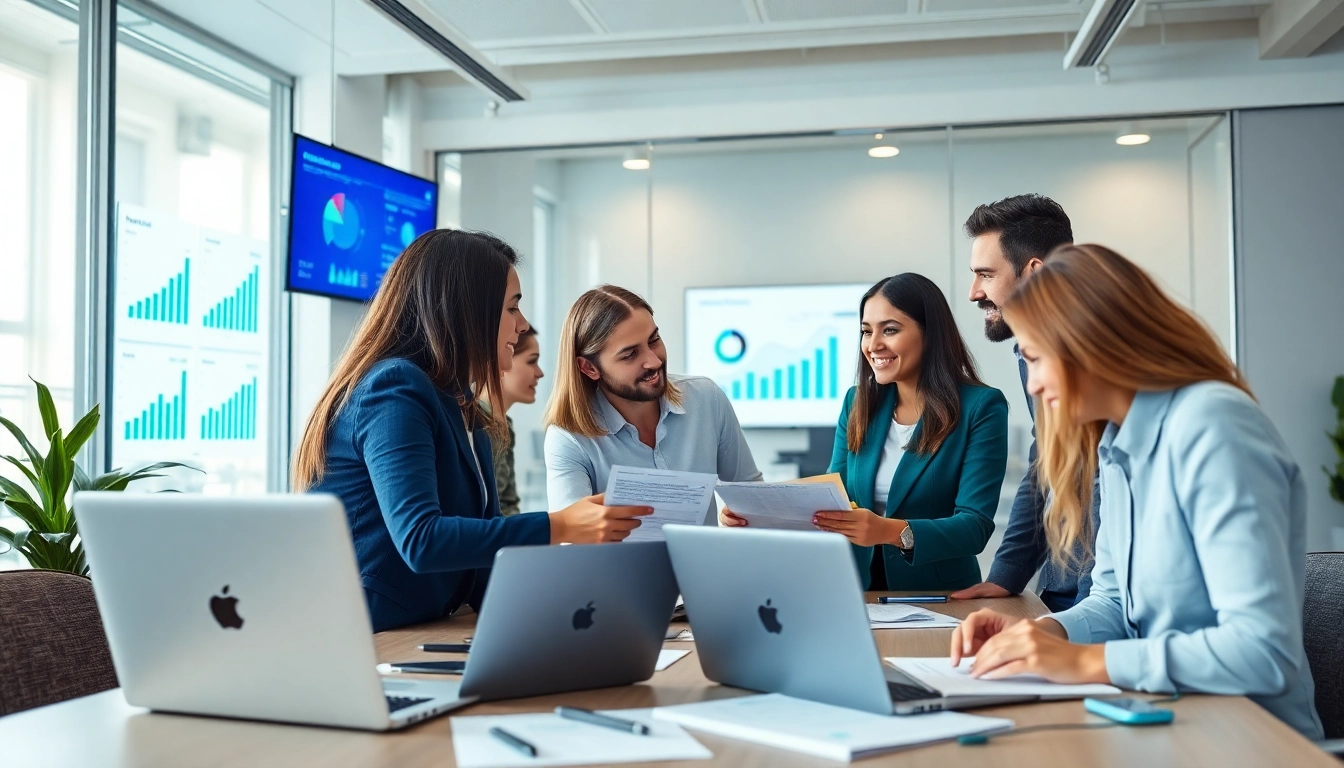 Showcase diverse team collaborating on Proposal Writing and Management with digital tools in a bright office.