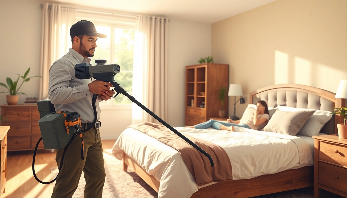 Professional bed bug exterminator treating a bedroom for pests effectively and safely.