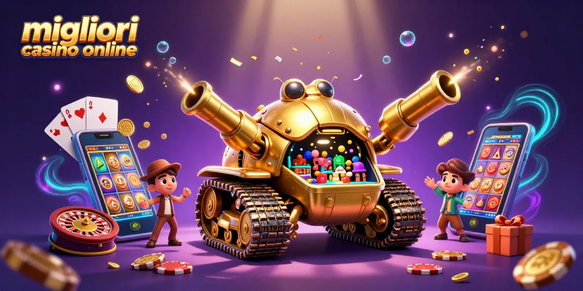 I migliori casino online in un'illustrazione colorata con un carro armato a forma di scarabeo e giochi da casinò