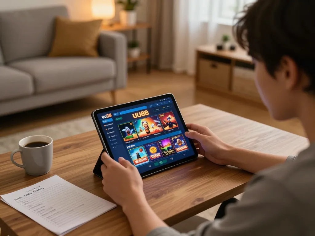 Player engaging with uu88 net online casino on tablet in a cozy living room, combining entertainment with strategy.