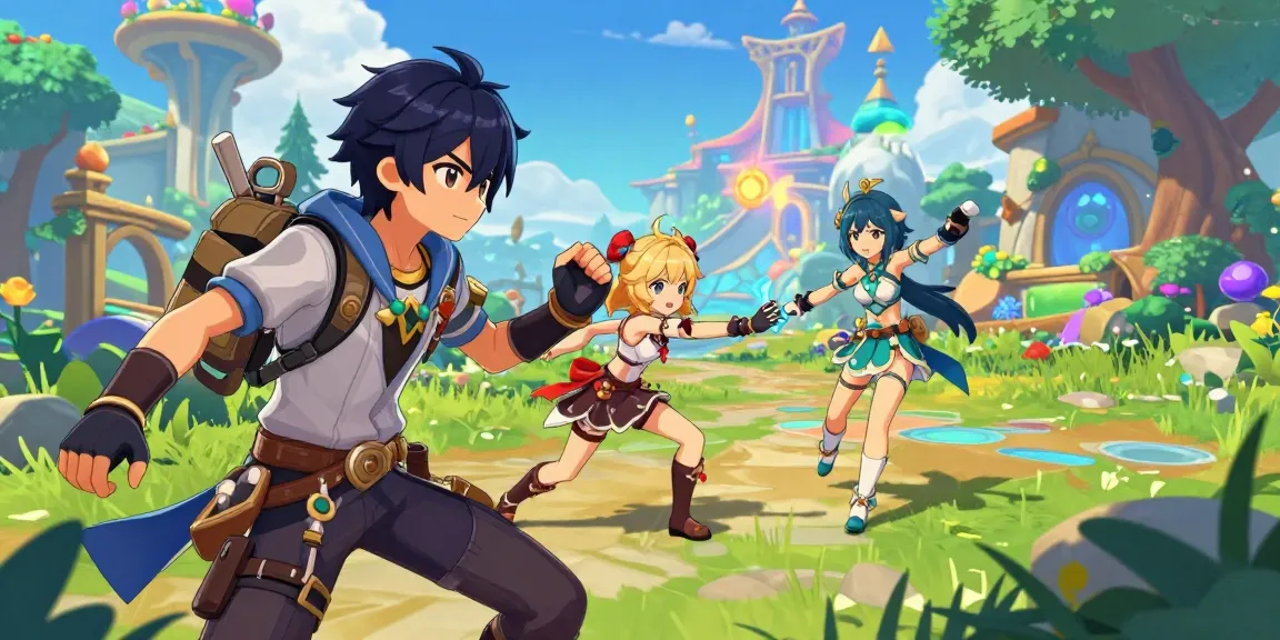 Diverse characters in a vibrant hentai game landscape engaging in an adventurous quest
