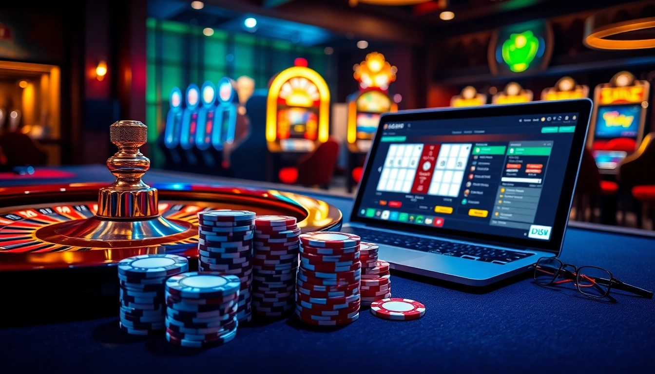 Découvrez l'excitation du casino en ligne avec des machines à sous vibrantes et des jetons de poker élégants.