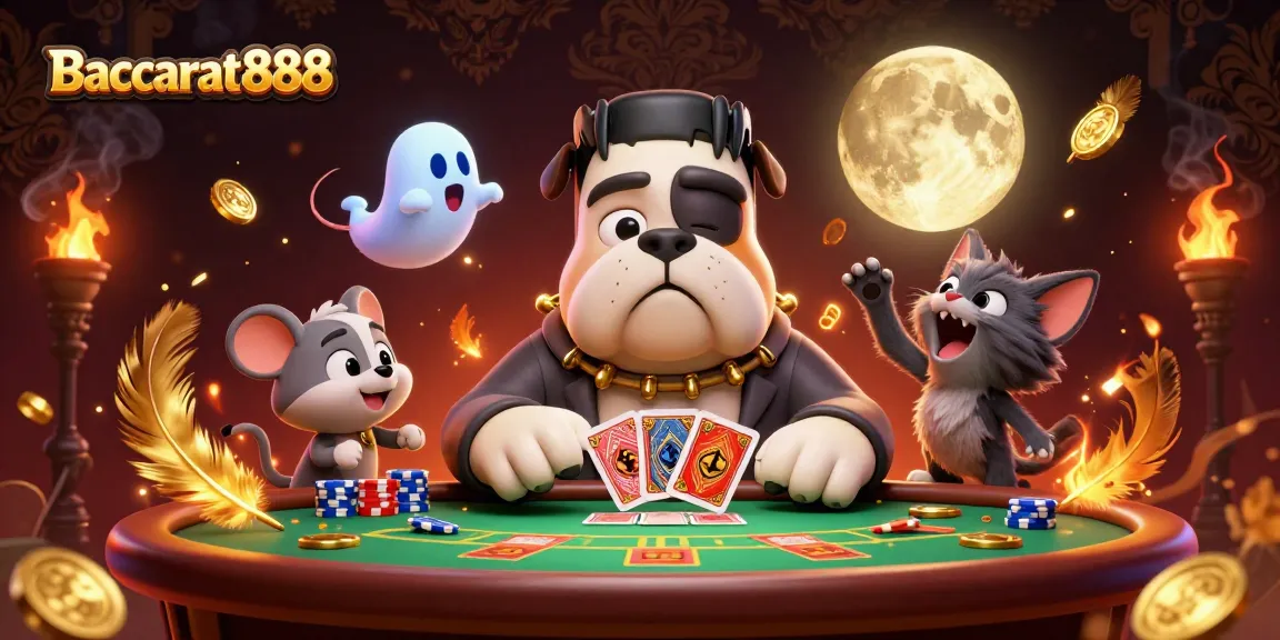 Baccarat888 offers engaging gameplay as a Frankenstein bulldog deals cards at a baccarat table, infused with vibrant casino elements.