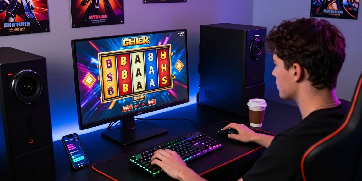 Engaged player enjoying slot online gaming experience with vibrant visuals and modern peripherals