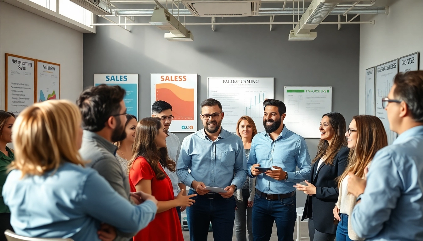 Engaged team during sales training session in a modern office, enhancing skills and teamwork.