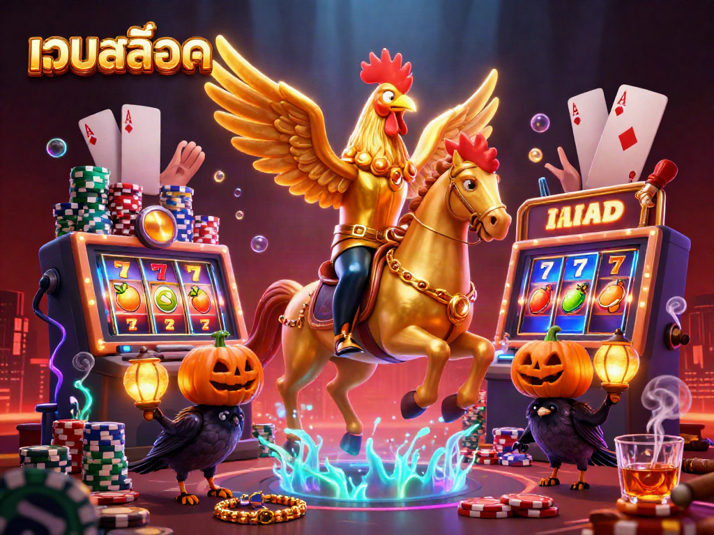 Experience  เว็บสล็อต with a winning combination of a golden rooster and slot reels illuminating a vibrant midnight casino scene.