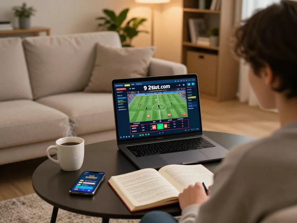 Engaging in sports betting at 92slot com from a cozy home setting, showcasing strategic gambling