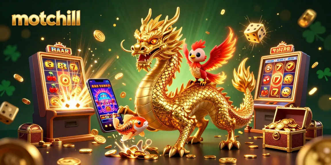 Experience the thrill of motchill with a fierce dragon, lucky koi, and vibrant slot machines.
