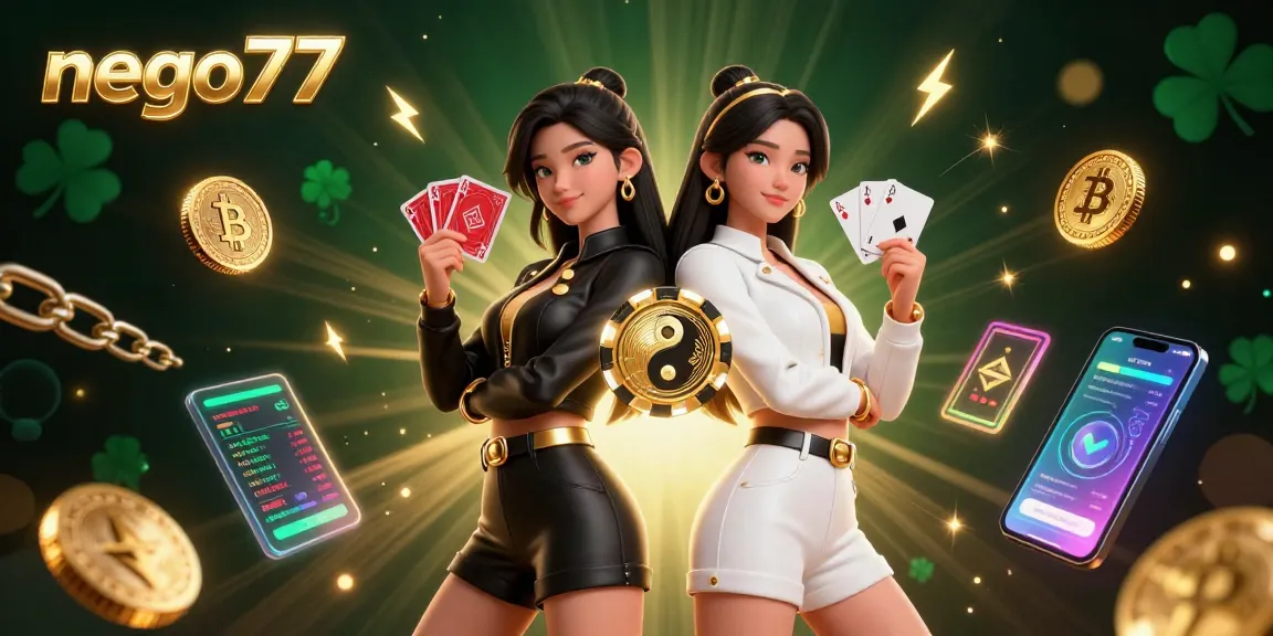 Nego77 platform features vibrant twin Asian women playing cards, surrounded by cryptocurrency elements.