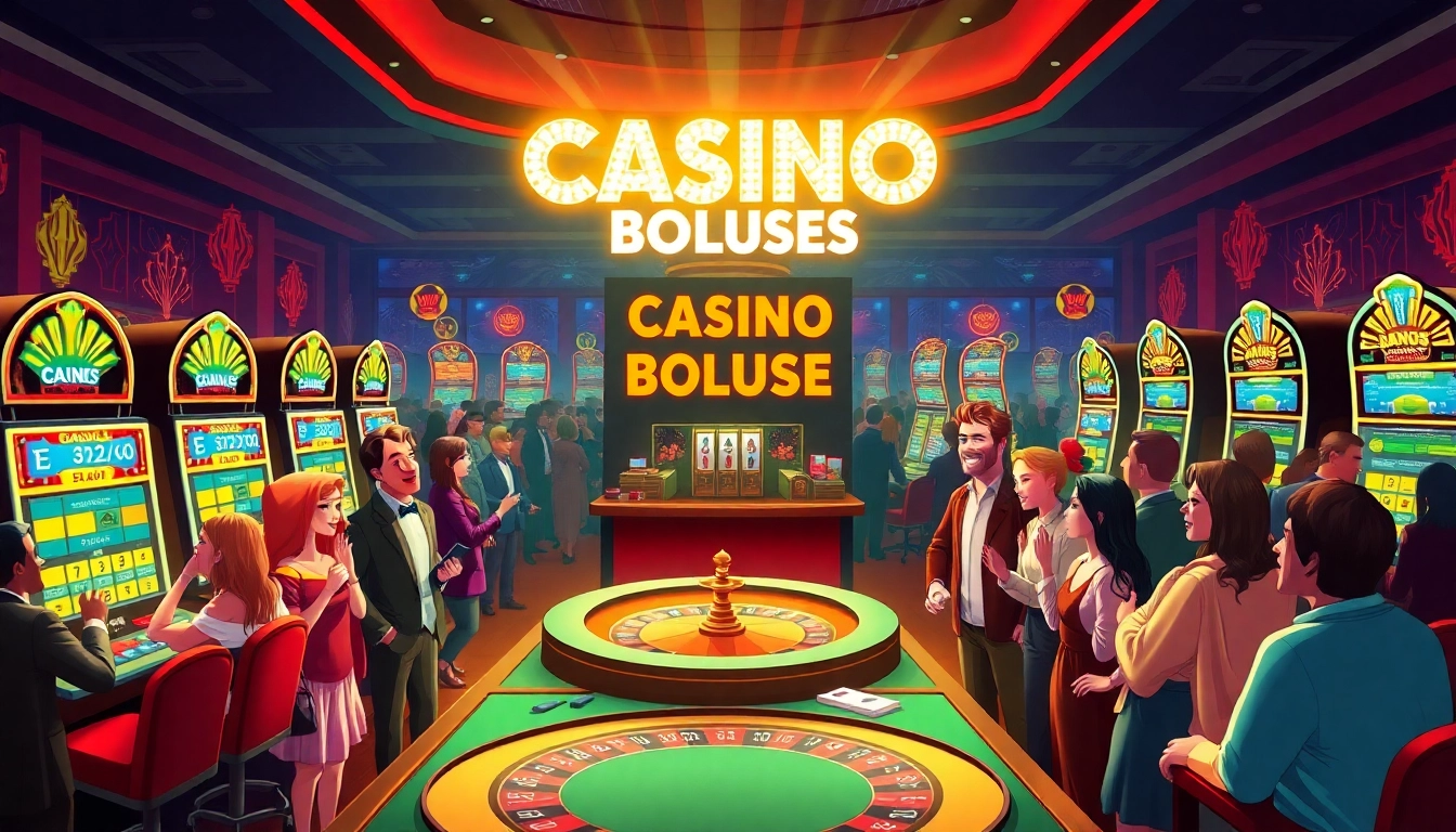Engaging characters celebrating exciting casino bonuses in a vibrant casino setting.
