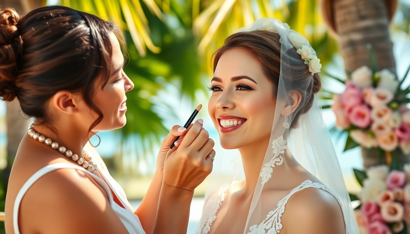 Destination wedding makeup artist enhancing a bride's beauty in a tropical setting.