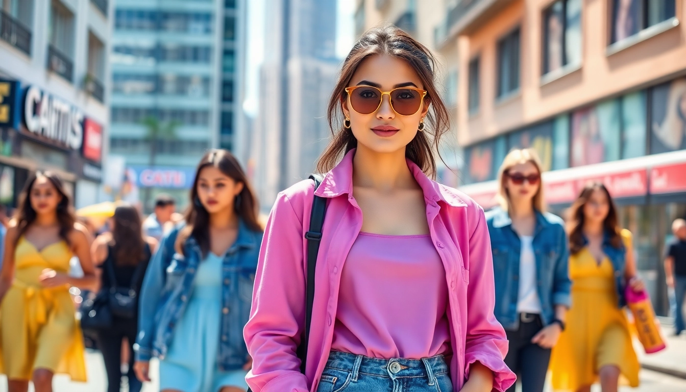 Showcase of women fashion trends with a stylish model in an urban setting.