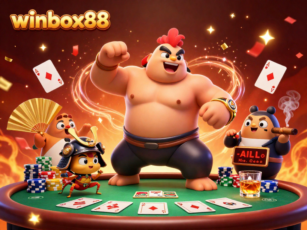 Experience winbox88 with vibrant casino action featuring unique characters and poker elements.