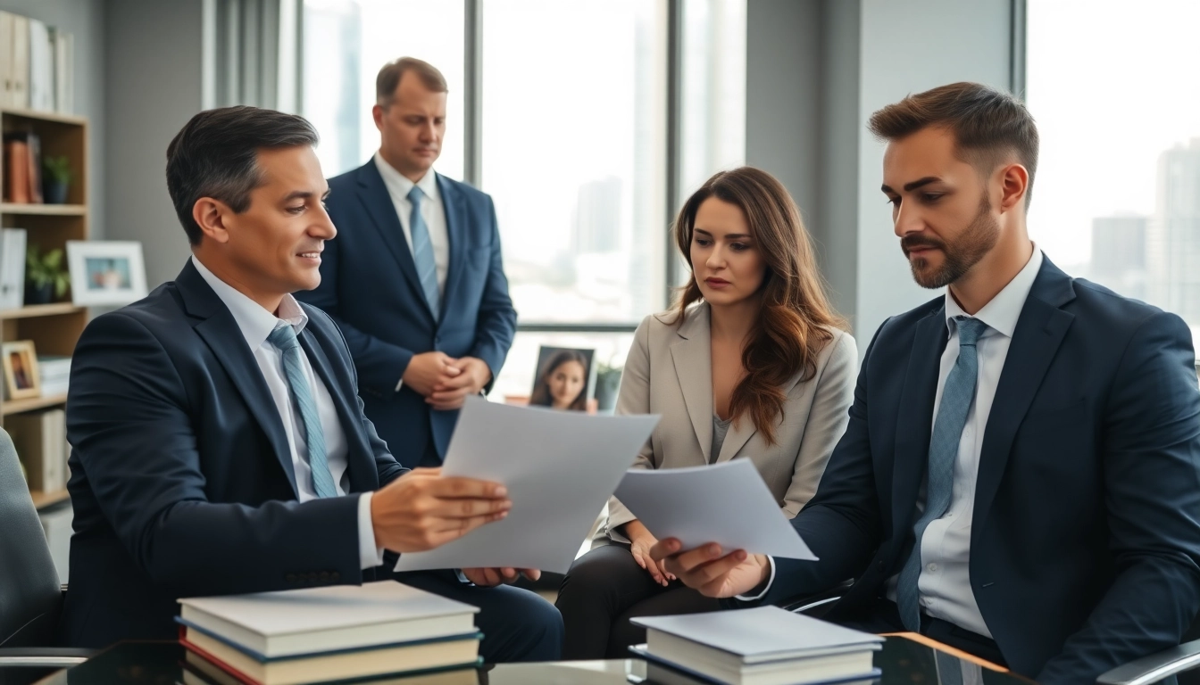 Supportive Miami divorce lawyers consulting with clients in a professional setting