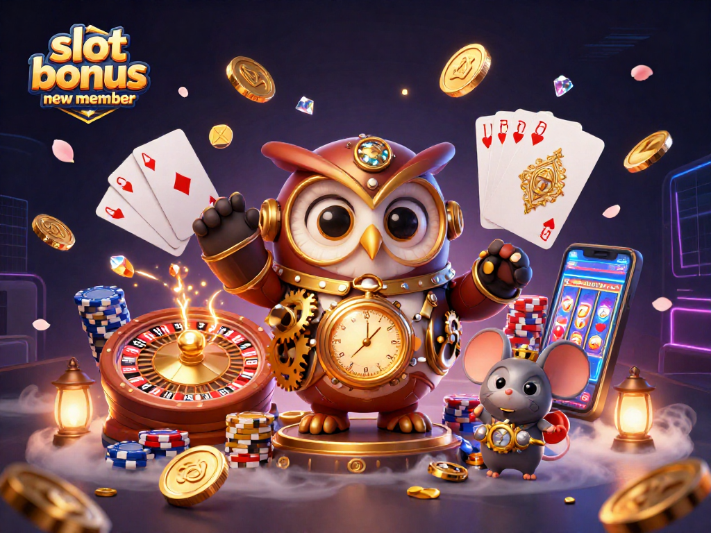 Engage with the thrilling world of slot bonus new member through a vibrant casino scene featuring whimsical characters and dynamic game elements.