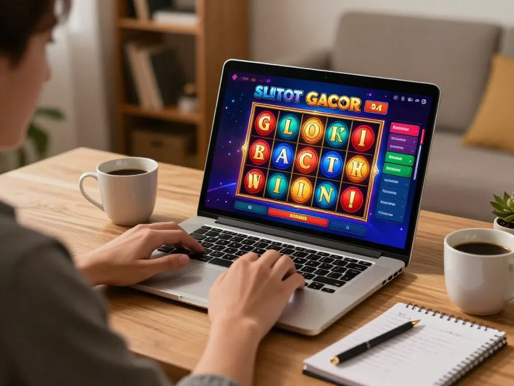 SLOT GACOR online gaming excitement with colorful interface on a laptop in a cozy home setting.