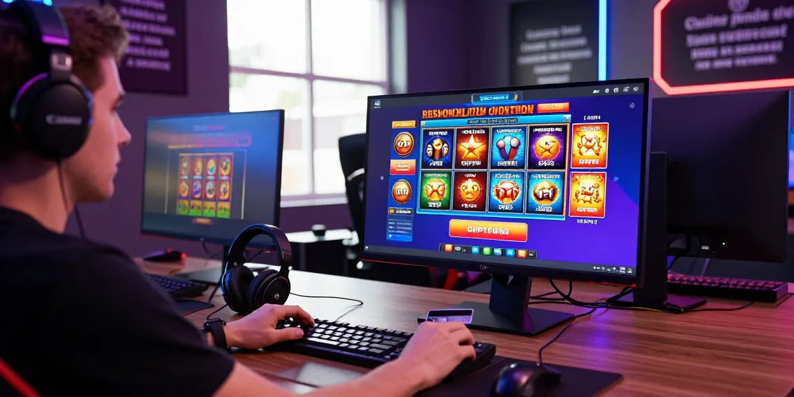 Engaged player at credit card casinos using a card for online deposits with vibrant game graphics on screen.