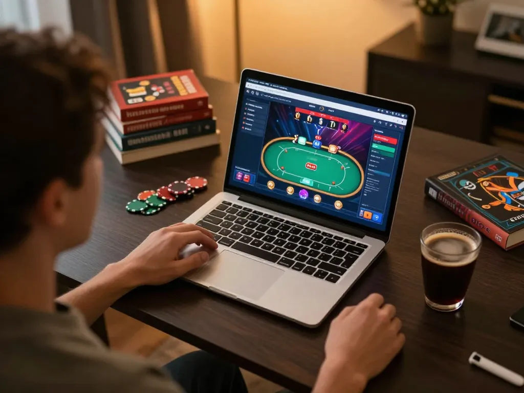 Player strategizing at home on vipwin poker table, showing laptop screen with game interface.