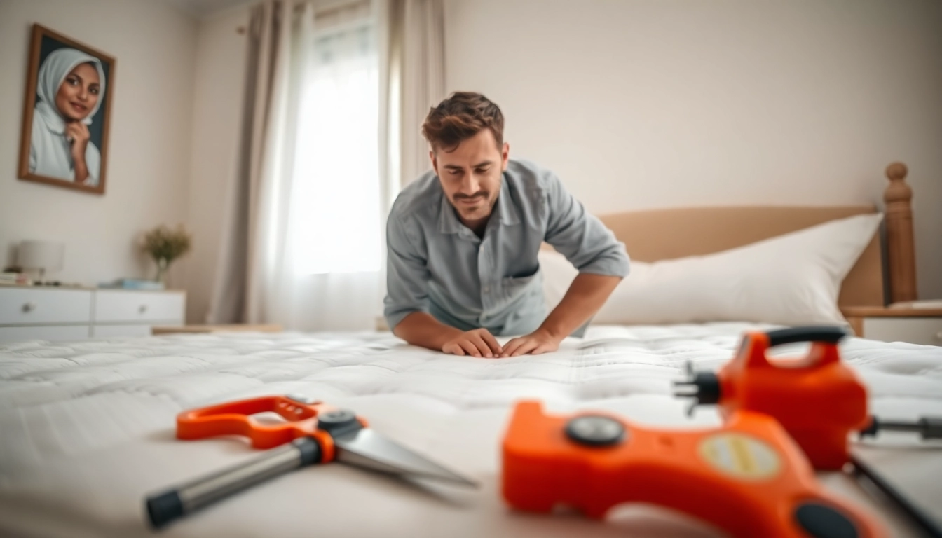 bed bug exterminator efficiently inspecting mattress and bed frame in a clean bedroom