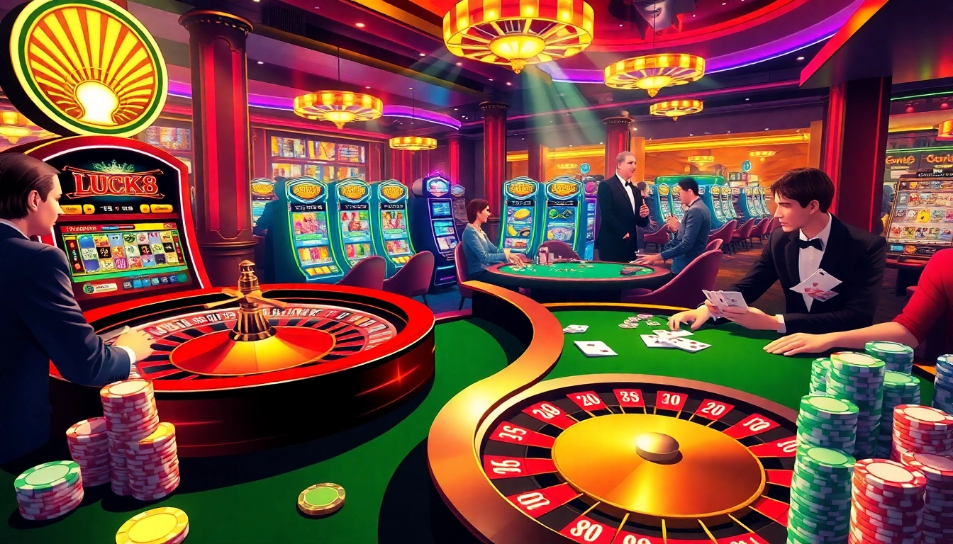 LUCK8 casino scene with vibrant roulette wheel, poker game, and excitement in gambling.