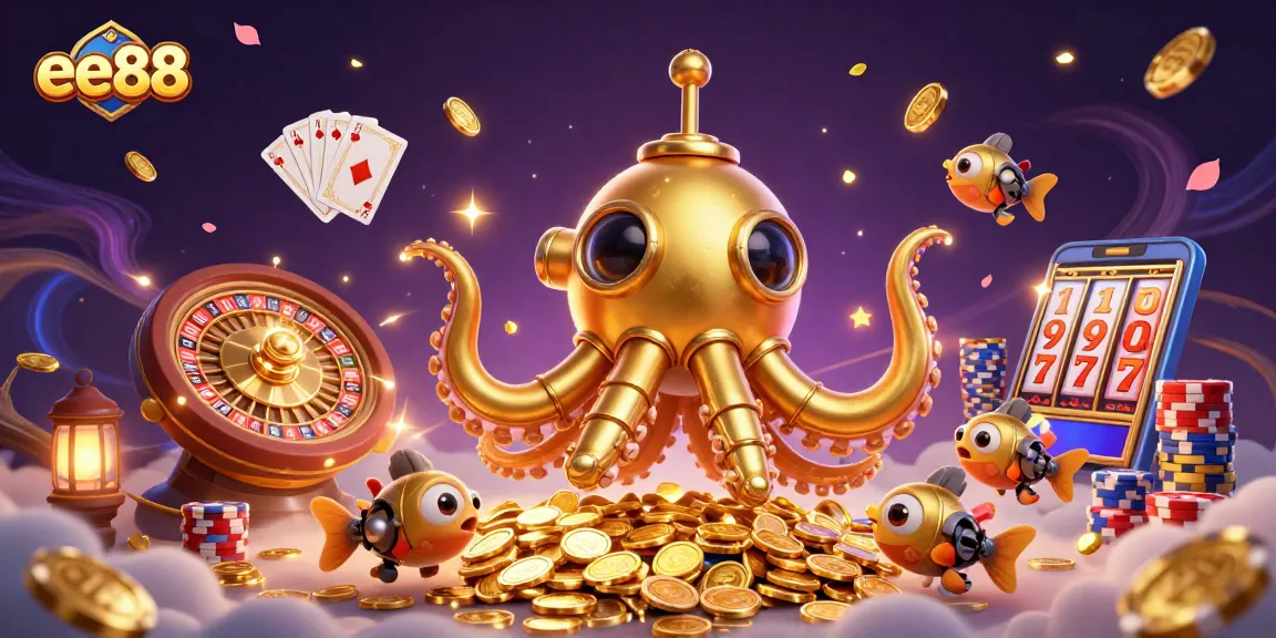 Engage with ee88's vibrant gaming dynamics featuring a kraken submarine amidst golden coins.