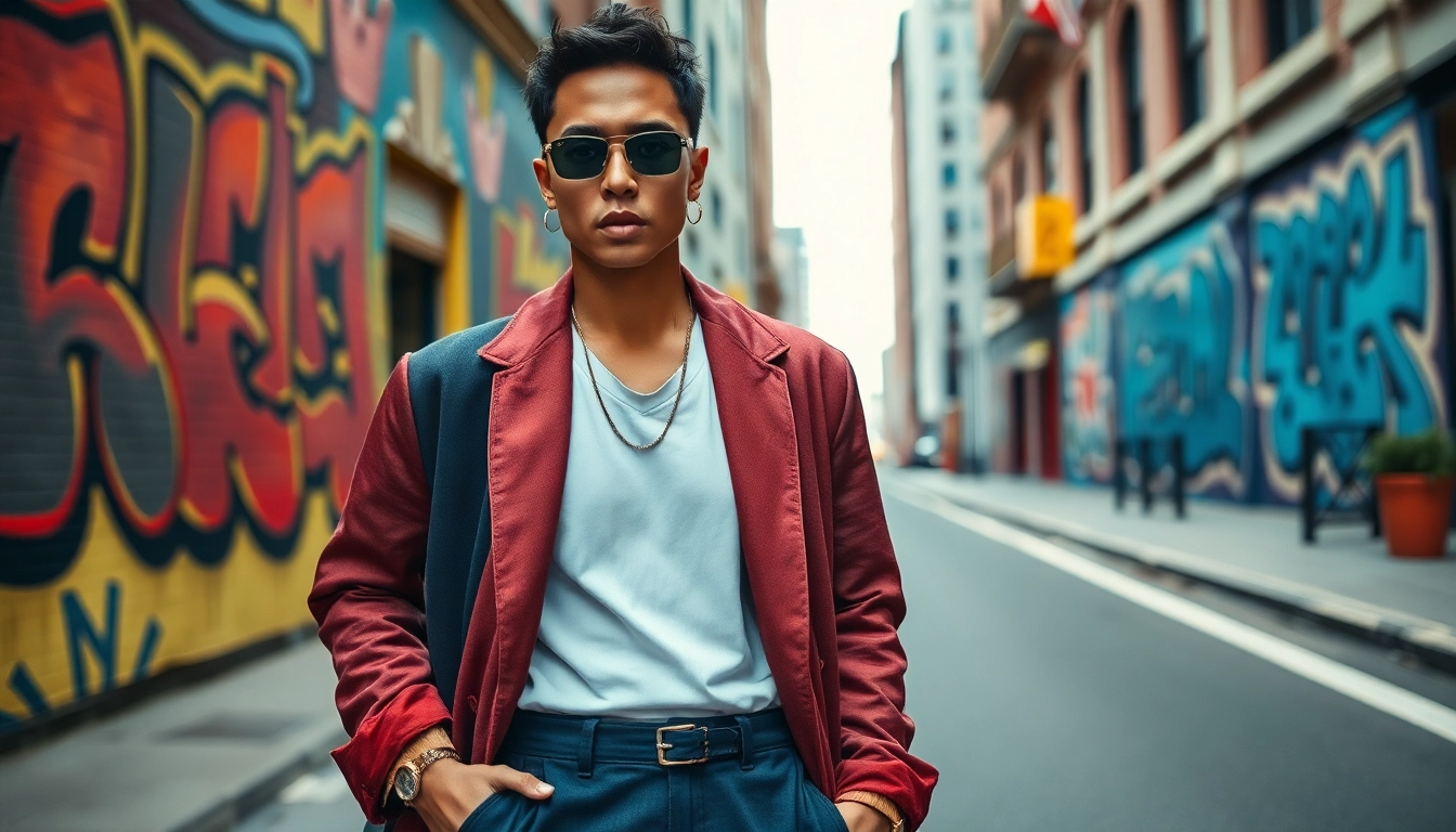 Stylish fashion model showcases bold urban fashion trends with vibrant colors.