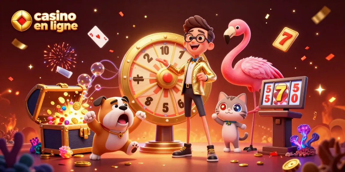 Casino en ligne avec un animateur en flamingo, un bulldog, et des éléments de jeux de casino
